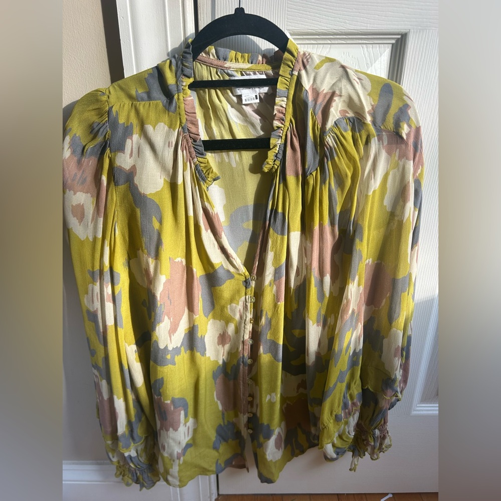 Velvet by Graham & Spencer Women’s Colby Soho Print Button Front Blouse, Citron
